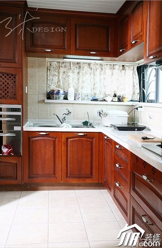 三米设计美式乡村风格公寓原木色富裕型130平米厨房橱柜安装图