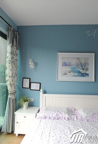三米设计田园风格公寓小清新蓝色经济型130平米卧室床图片