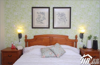 三米设计田园风格复式小清新绿色富裕型卧室壁纸图片