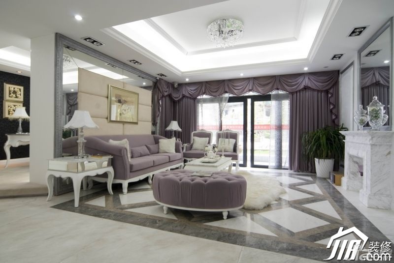浪漫,白色装修,豪华型装修,140平米以上装修,别墅装修,欧式风格,客厅,紫色,浪漫,沙发,茶几