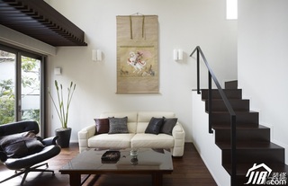 日式风格别墅时尚白色富裕型140平米以上客厅楼梯沙发图片