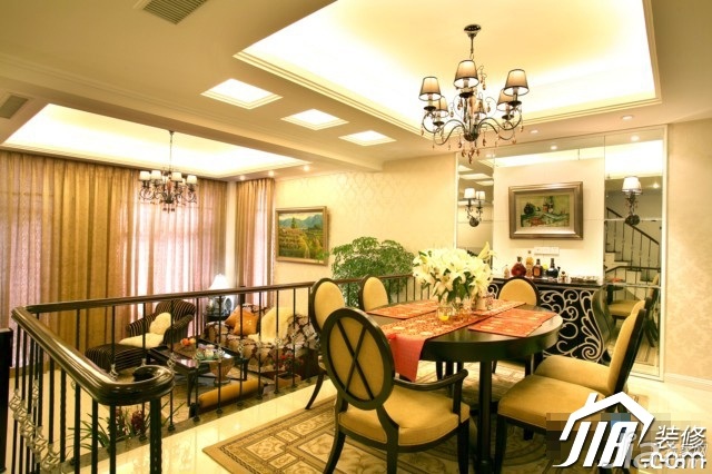 简欧风格,跃层装修,20万以上装修,混搭风格,餐厅,餐桌,灯具,吊顶