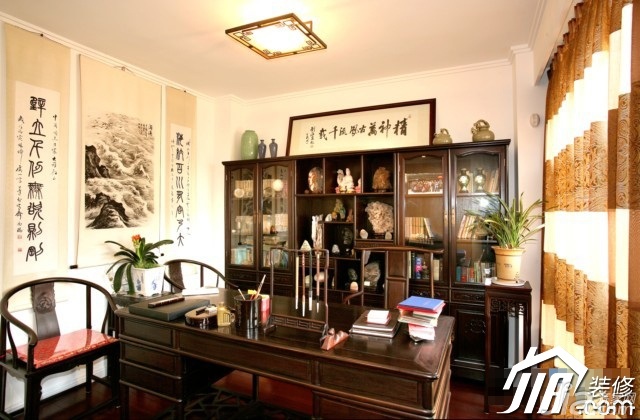 简欧风格,跃层装修,20万以上装修,混搭风格,书房,书桌,书架,装饰画,窗帘