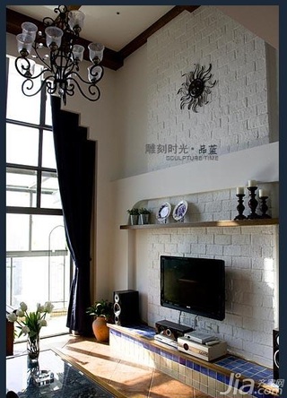 混搭风格复式富裕型客厅电视背景墙窗帘图片