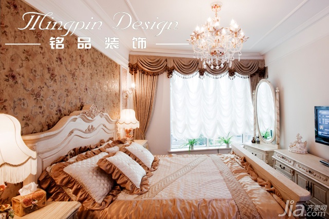 公寓装修,富裕型装修,简约风格,田园风格,卧室,飘窗,简洁,温馨,床,床头柜,窗帘,壁纸,灯具,梳妆台,电视背景墙
