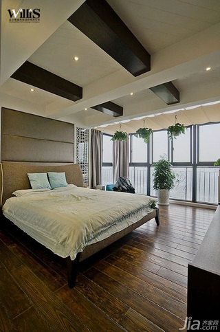 新中式风格复式富裕型卧室吊顶床效果图