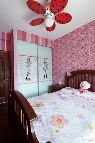 loft风格跃层粉色富裕型140平米以上卧室背景墙儿童床图片