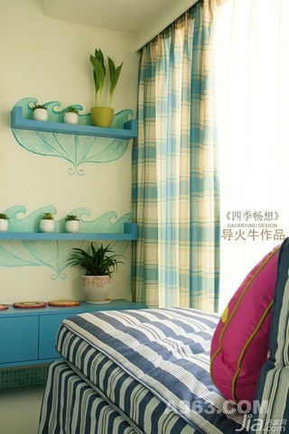 混搭风格复式温馨蓝色富裕型90平米客厅飘窗婚房家装图片