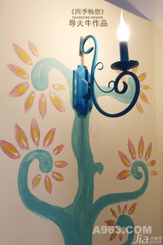 混搭风格复式可爱蓝色富裕型90平米手绘墙灯具婚房设计图