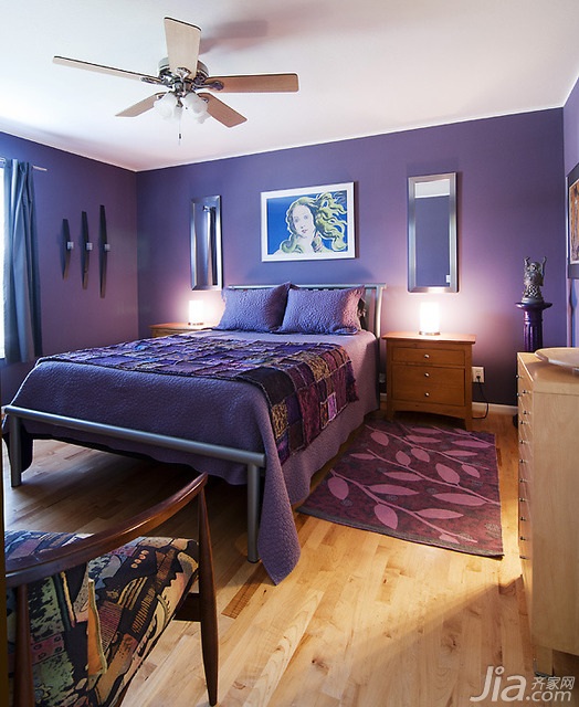 公寓装修,80平米装修,经济型装修,简约风格,海外家居,卧室,床,紫色,床头柜,灯具