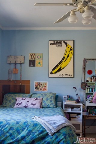 混搭风格别墅蓝色富裕型130平米卧室床海外家居