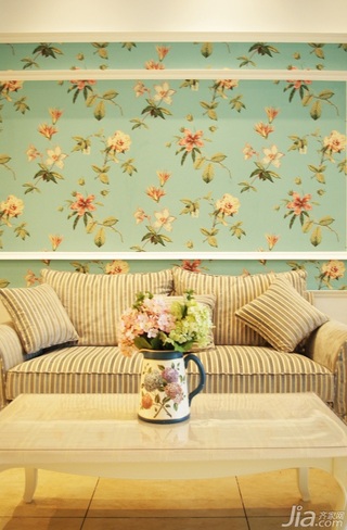 地中海风格复式浪漫蓝色富裕型130平米沙发背景墙壁纸婚房家装图