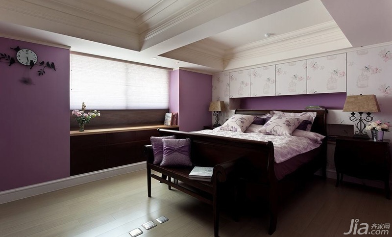 美式风格,复式装修,富裕型装修,美式乡村风格,卧室,紫色,床