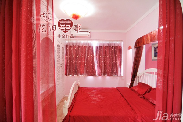 婚房装修,非空,公寓装修,80平米装修,经济型装修,田园风格,卧室,床,红色