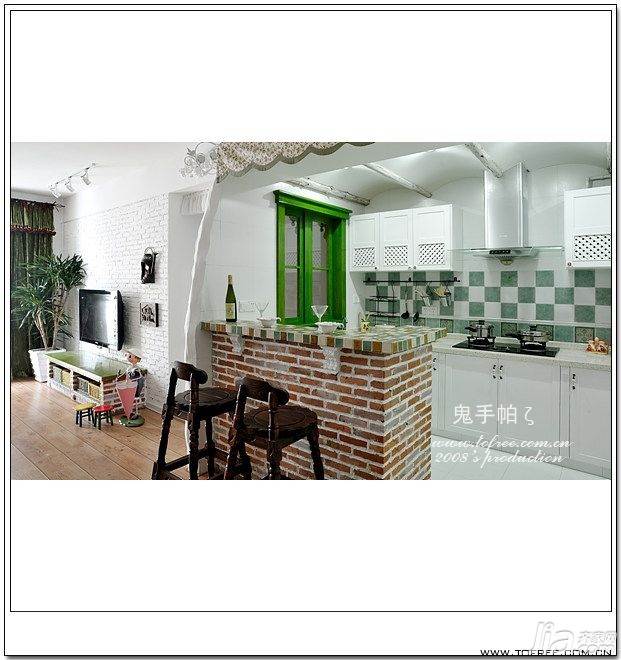 鬼手帕,公寓装修,120平米装修,经济型装修,田园风格,厨房,橱柜,吧台,吧台椅