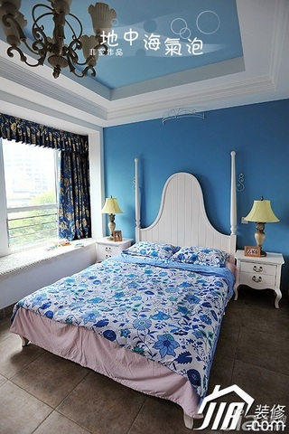地中海风格小户型浪漫蓝色卧室飘窗窗帘图片