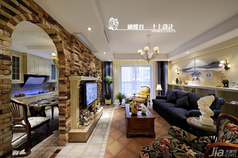 公寓装修,100平米装修,经济型装修,田园风格,十上,客厅,沙发,茶几,电视柜,沙发背景墙