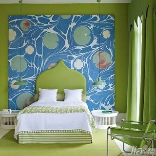 混搭风格二居室绿色富裕型90平米卧室卧室背景墙床图片