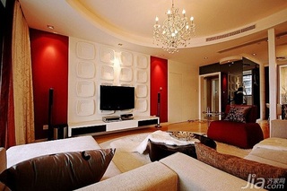 混搭风格三居室富裕型110平米客厅电视背景墙电视柜图片