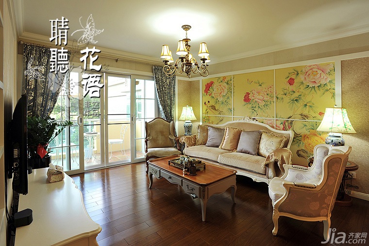 三居室装修,富裕型装修,欧式风格,客厅,沙发,茶几,窗帘,灯具,沙发背景墙