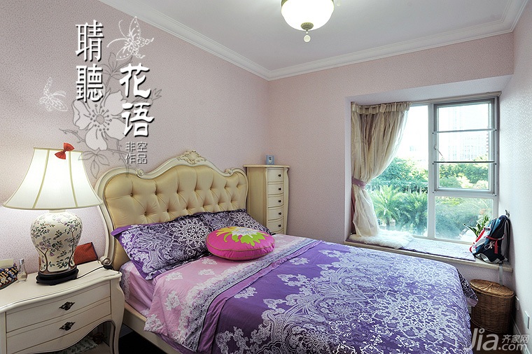 三居室装修,富裕型装修,欧式风格,卧室,床,床头柜,窗帘,灯具,飘窗