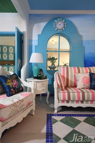 地中海风格一居室简洁白色经济型客厅沙发背景墙沙发效果图