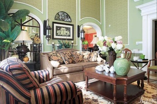 美式乡村风格别墅温馨绿色富裕型客厅沙发背景墙沙发效果图