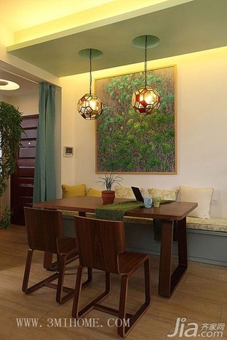 三米设计混搭风格复式小清新绿色富裕型餐厅餐厅背景墙灯具图片