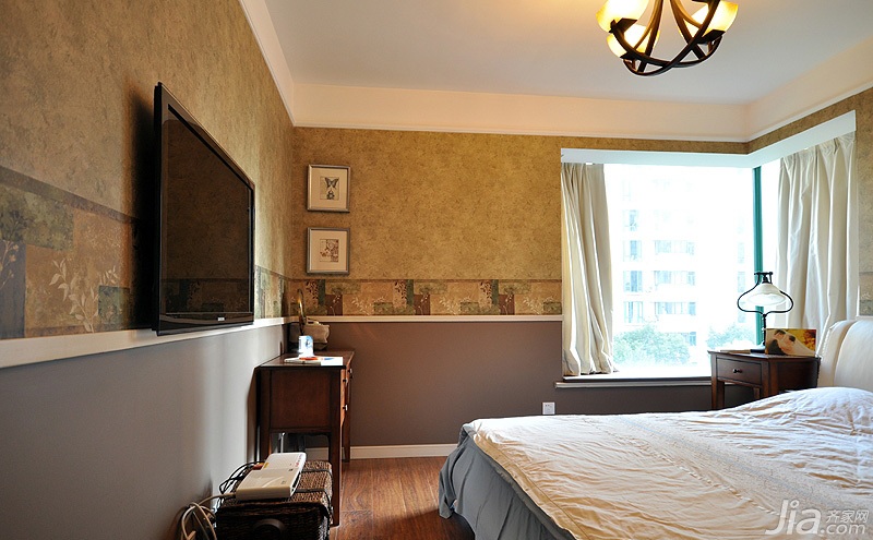 120平米装修,公寓装修,美式风格,卧室,床,灯具,卧室背景墙,梳妆台,温馨