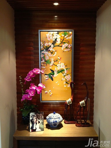 二居室装修,100平米装修,中式风格,玄关,玄关柜,装饰画,原木色,唯美,古典,大气