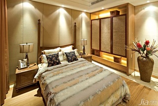 东南亚风格别墅豪华型卧室卧室背景墙床效果图