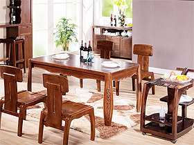 中式长方形胡桃木餐桌椅组合