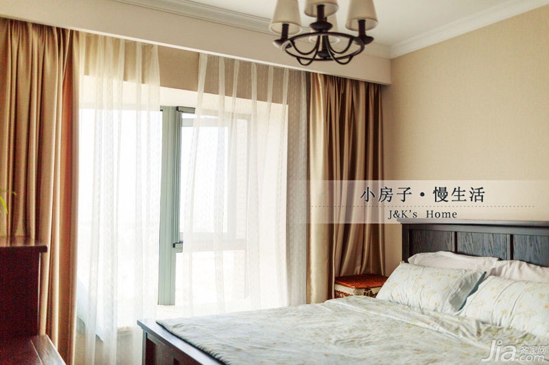 ,美式风格,两室一厅装修,60平米装修,温馨,舒适,卧室,卧室窗帘