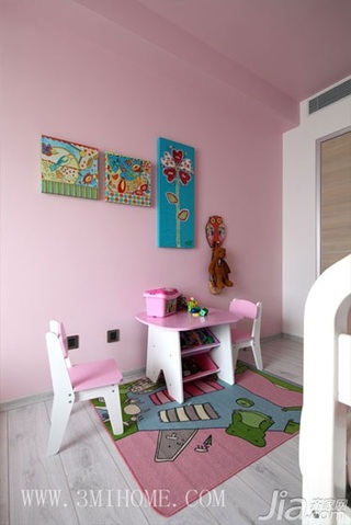 三米设计混搭风格三居室粉色富裕型装修效果图