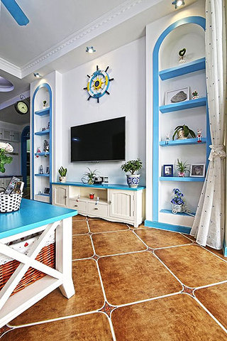 地中海风格一居室小清新蓝色电视背景墙电视柜效果图