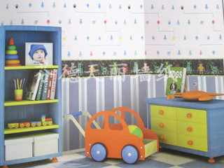 蓝色上下墙腰线搭配 儿童房卧室壁纸