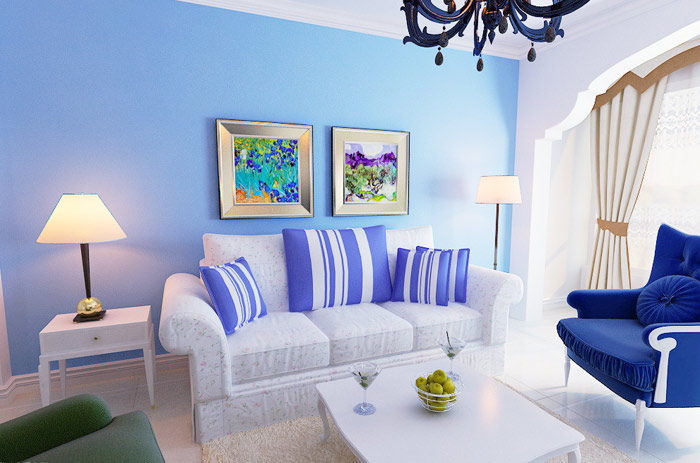 客厅浅蓝色壁布效果图图片