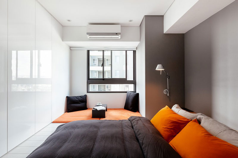 现代简约风格,白色,公寓装修,卧室,橙色,咖啡色