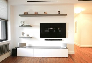 现代简约风格公寓温馨原木色开放式厨房电视背景墙效果图