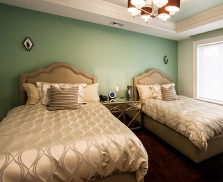 现代美式风格三层双拼别墅温馨卧室绿色橱柜效果图