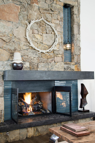 混搭风格一层别墅艺术砖砌真火壁炉设计图效果图