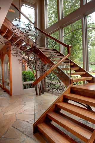 美式乡村风格客厅经济型140平米以上实木楼梯装修效果图