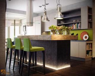 现代简约风格公寓艺术黑色厨房吧台吧台椅效果图