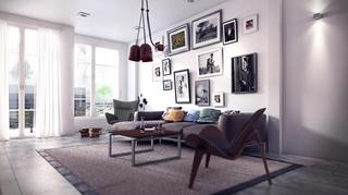 现代简约风格公寓时尚黑白客厅沙发照片墙设计图