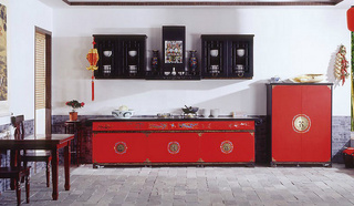 中式风格古典红色厨房橱柜设计