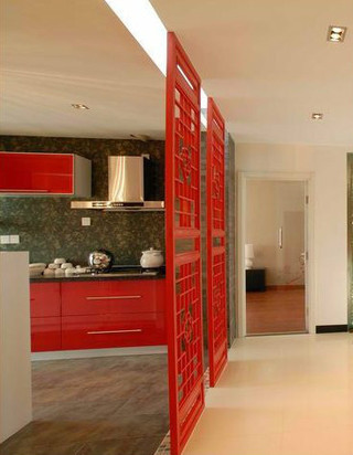 中式风格大气红色厨房橱柜定制