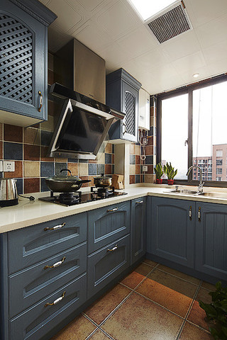 美式风格简洁蓝色厨房橱柜定做