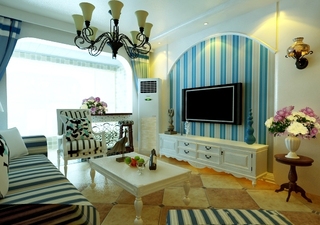 地中海风格白色客厅背景墙茶几图片