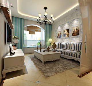 地中海风格白色客厅沙发背景墙茶几效果图