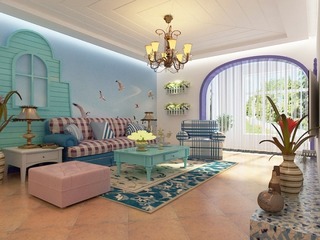 地中海风格蓝色客厅茶几效果图